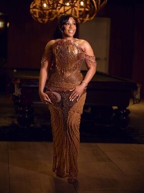 Fully beaded gold and brown sequin gown